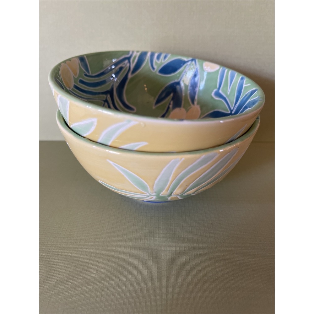 Anthropologie Bowls Set of 2 Leticia Nut Green Yellow Blue Tropical Leaves Berry